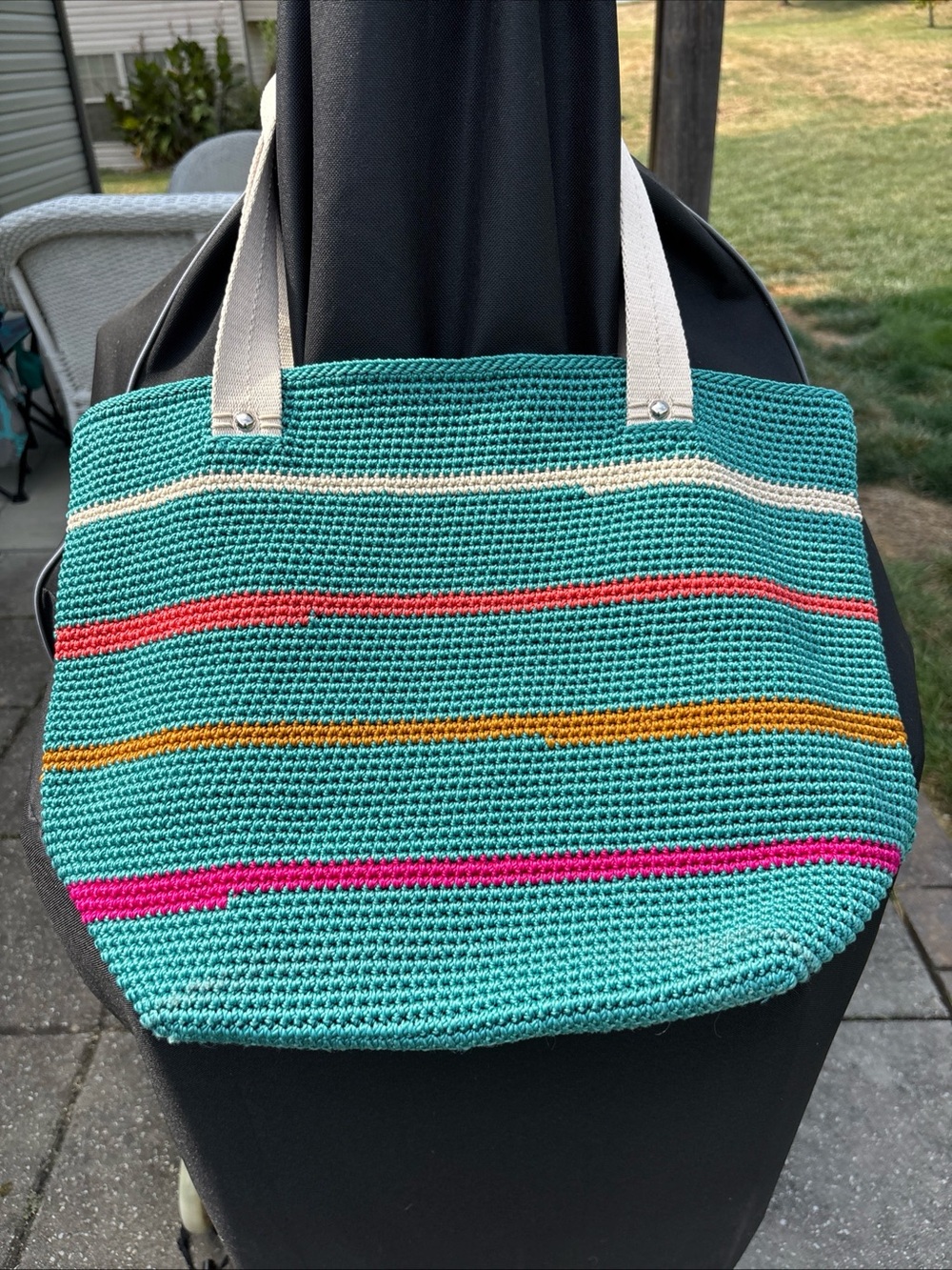 The Sak Belle Tote Hand-Crafted Tightweave Crochet Purse Teal Stripes 16”x12”